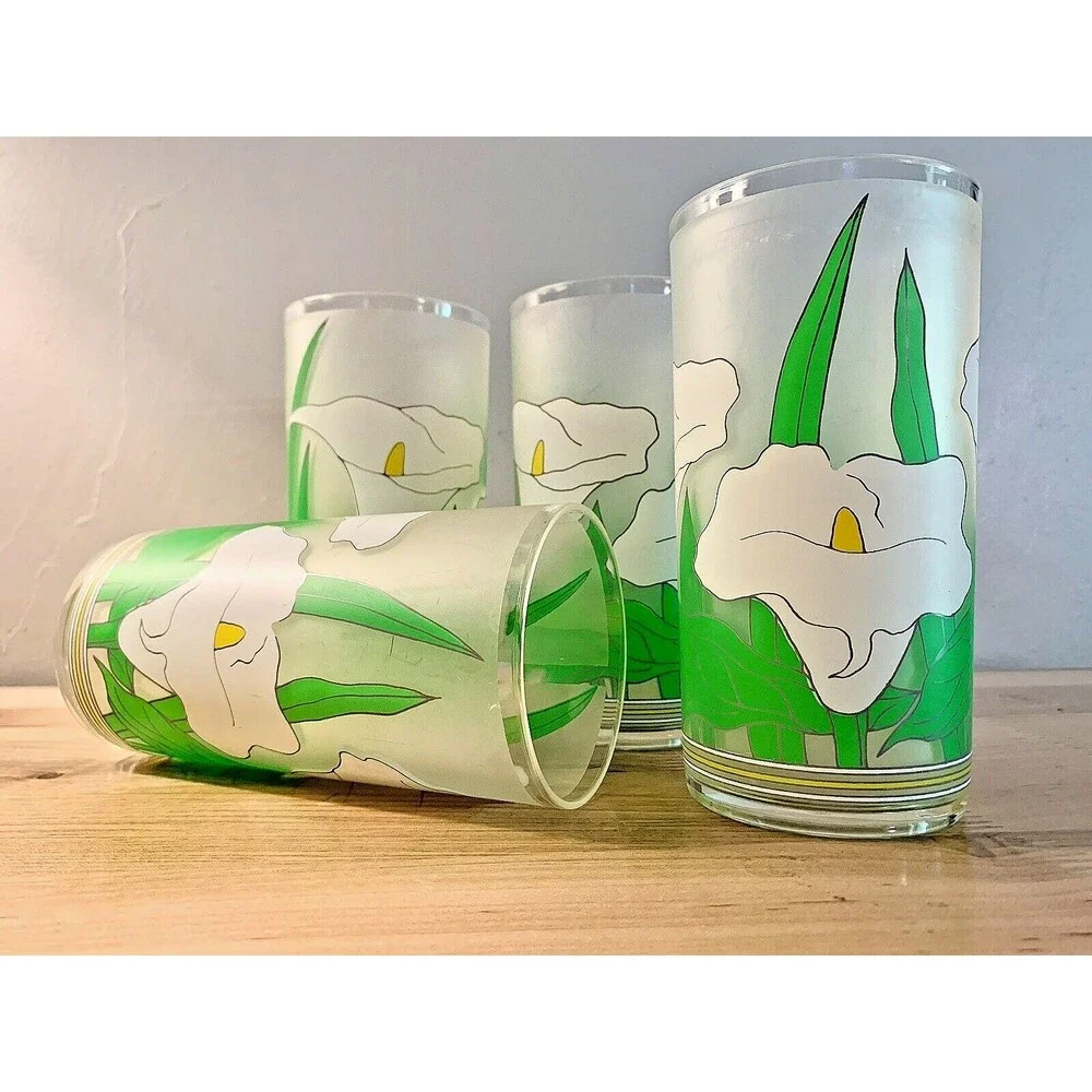 VTG Calla Lily Frosted Tumblers 4 Set 1980s Splash Ware Acrylic Cups 16 oz Retro